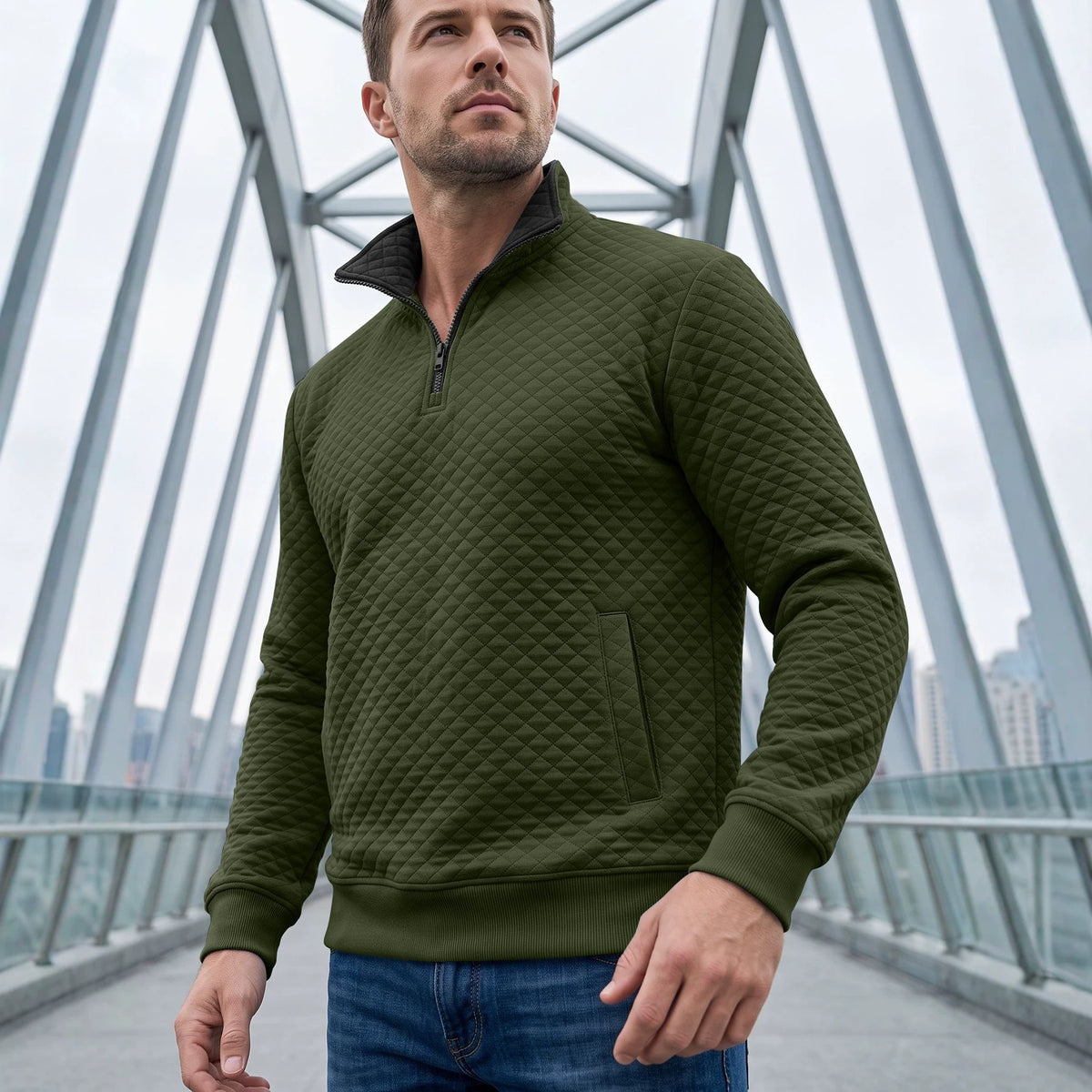 Men's Diamond-Check Half-Zip Stand-Collar Long-Sleeve Sweatshirt