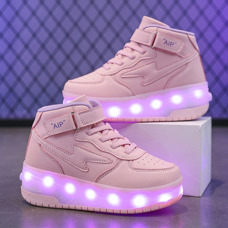 Chaussures de marche en cuir de jeunes patins à roues doubles