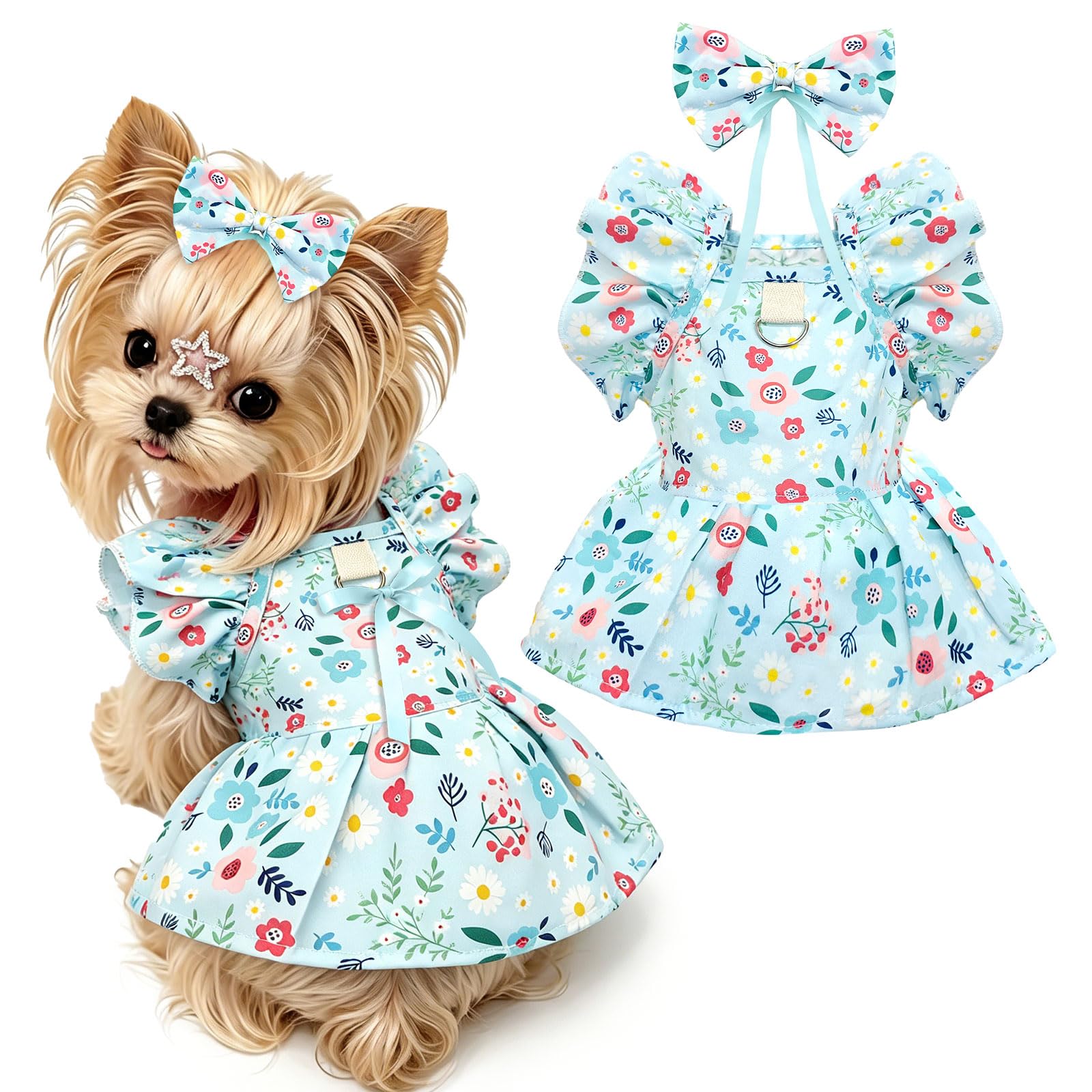 Mignon Floral Petit Chien Harness Habille avec Bow & Leash D-Ring