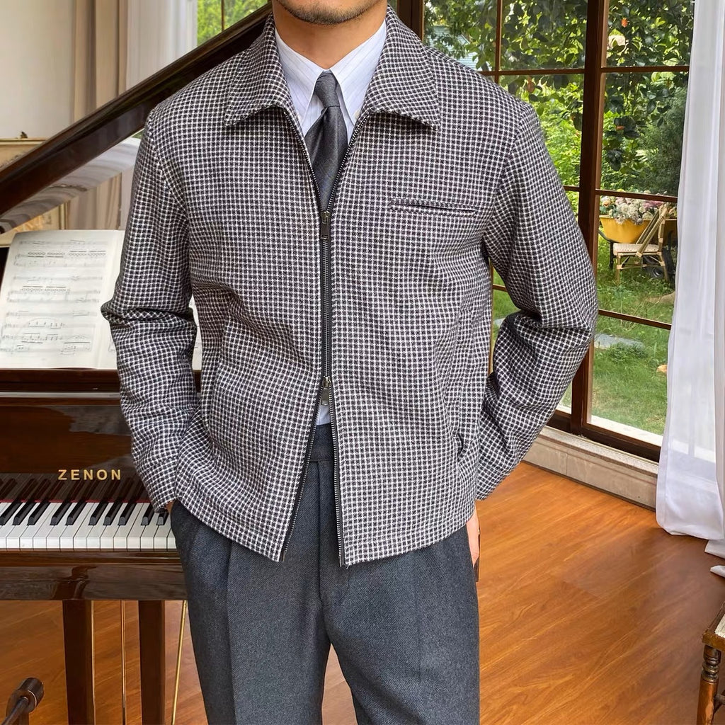 Retro Zipped Houndstooth Casual Coat Retro Lapel Casual Warm Jack à la main