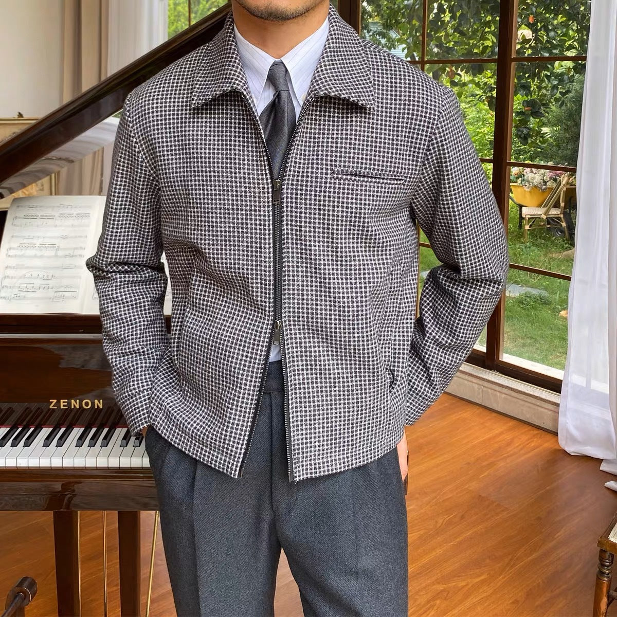 Retro Zipped Houndstooth Casual Coat Retro Lapel Casual Warm Jack à la main