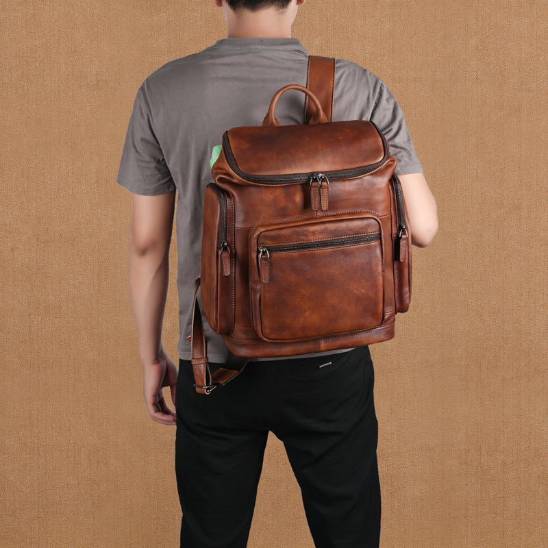 Men's Genuine Cowhide Leather Double-Layer Retro Backpack