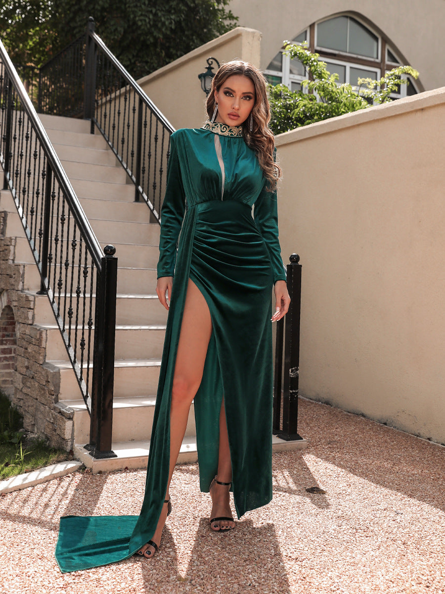 Robe de soirée sexy en velours haut cou pour femmes