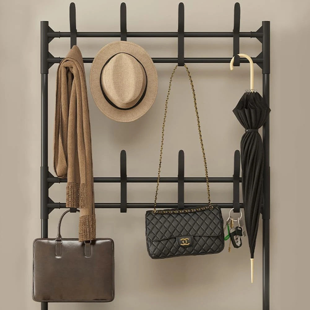 Porte-manteau et chapeau 8 crochets en métal Rack de chaussures 5 niveaux Étagère Hanger noir