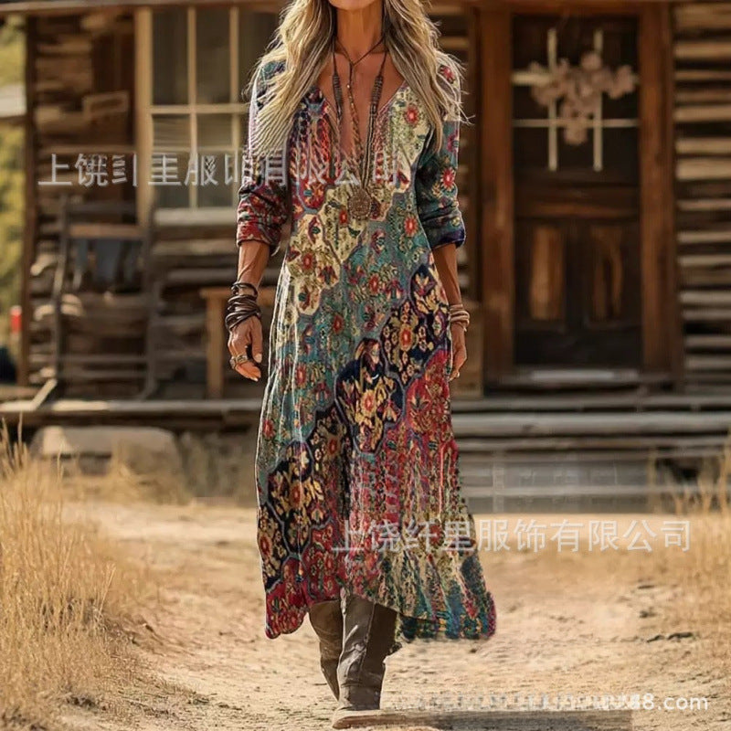 Femmes Rétro Affiche Florale Ethnique Artistique Robe Élégante