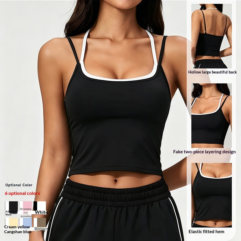 Color Block Sports Bra Halterneck Two Piece Faux Tank Top pour femmes