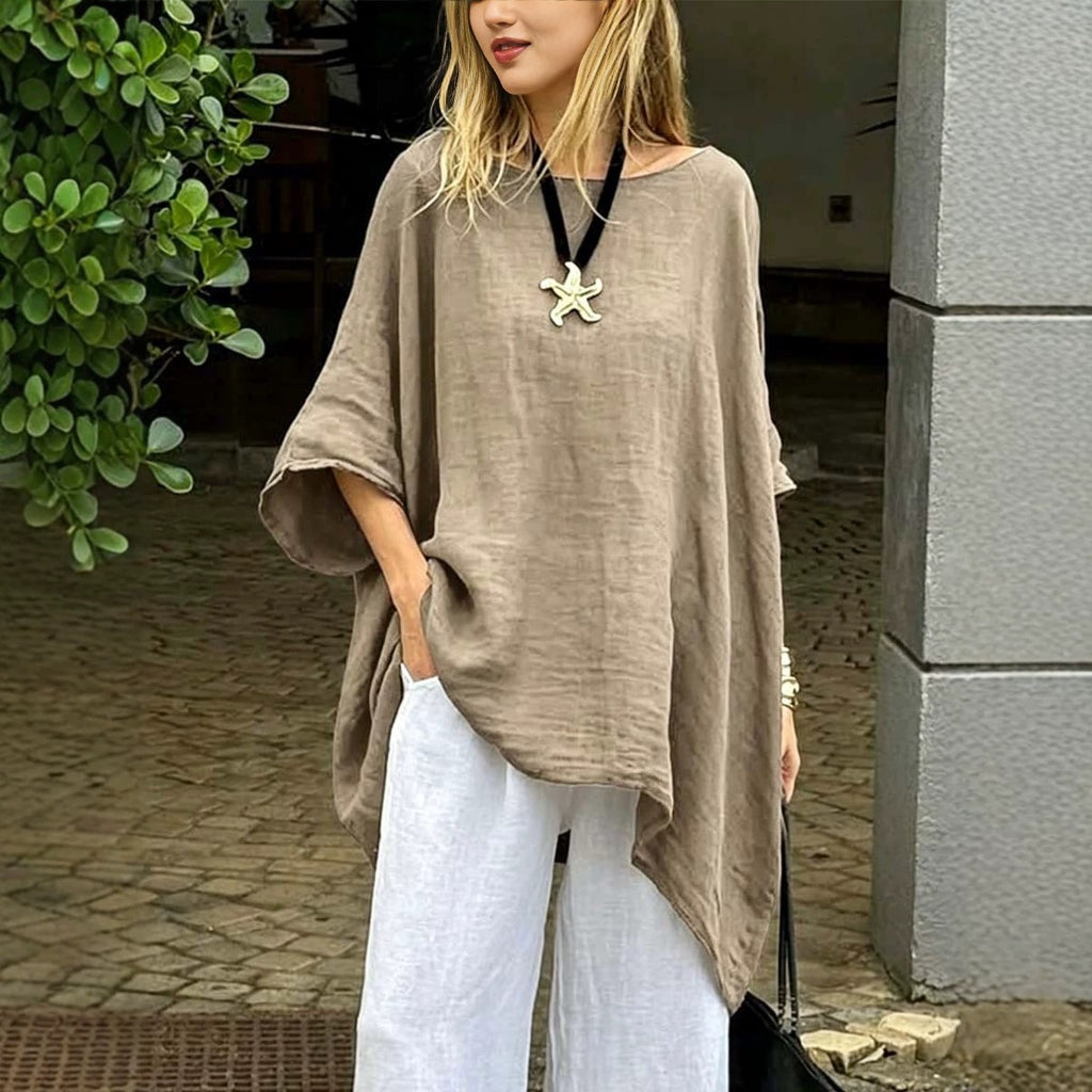 European and American Women's Clothing Summer Amazon Solid Color Loose Round Neck Cotton-l