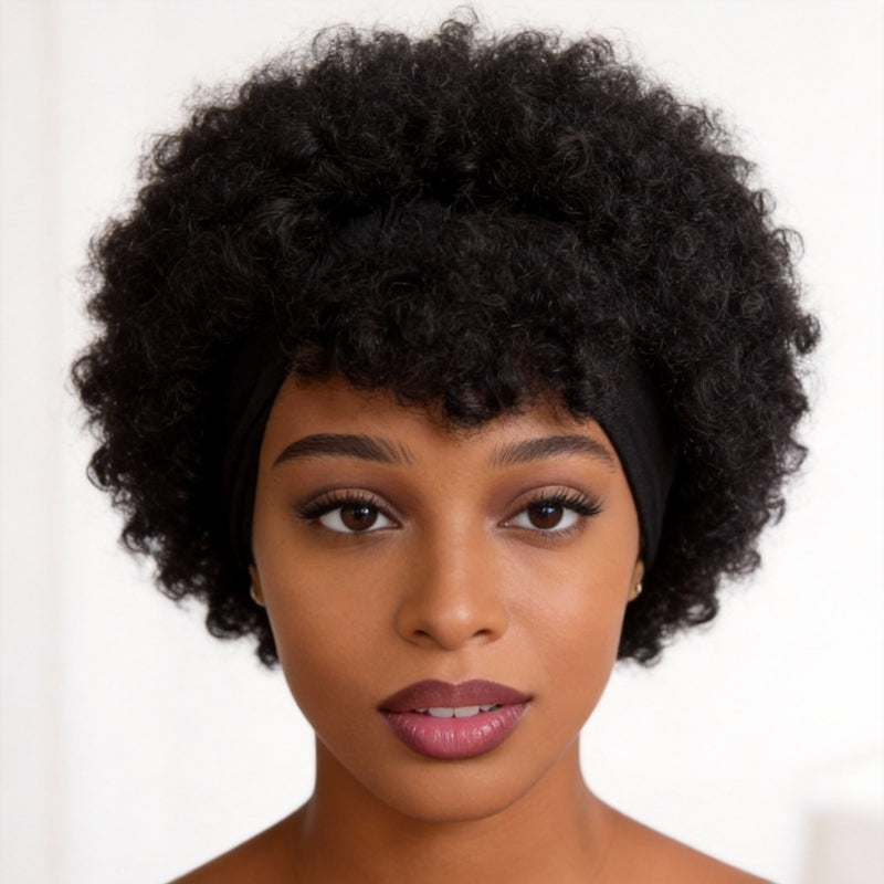 Naturel Noir Court Afro Kinky Perruque Curly avecAttachéTeambands Glueless Synthetic Wear Et
