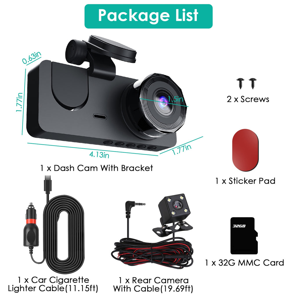 Caméra de voiture 3 canaux avec carte MMC 32 Go