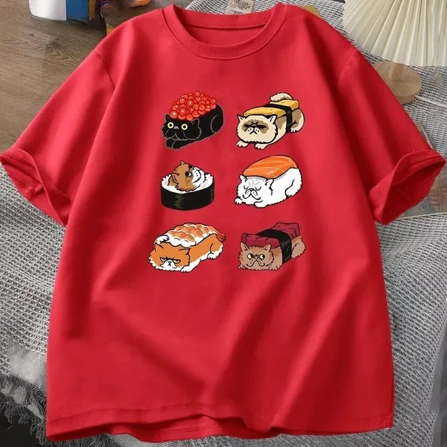 T-shirt Kawaii Cute Cat Sushi pour l'été