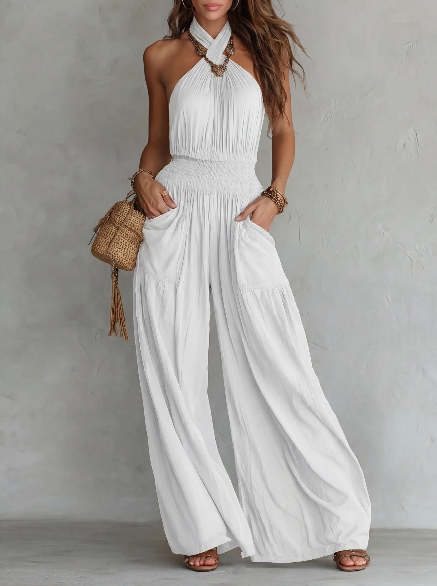 Cross border Women Vêtements Export Bohemian Style Backless Sleeveless Large Leg Jumpsuit Wi