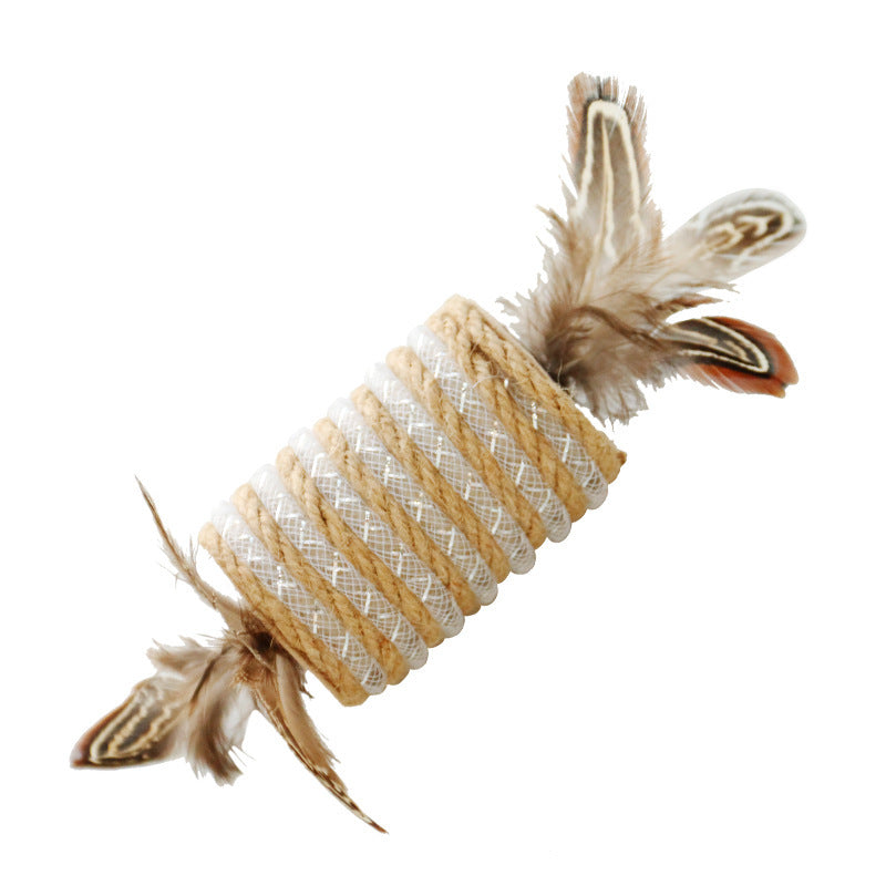 Jouet avec plumes de chat Rope de chanvre pour griffe auto-agrippante Rouleau sonore pour animaux de compagnie Bi