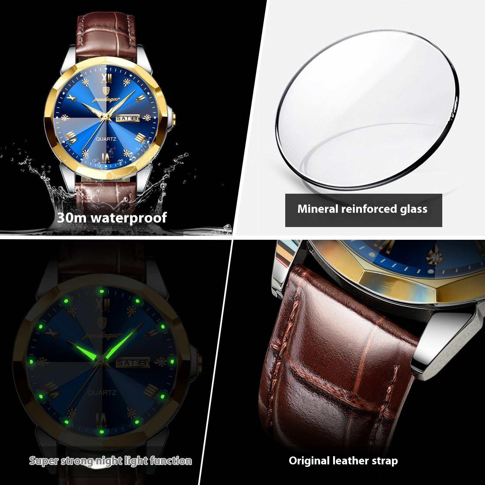 Ceinture style homme imperméable à l'eau Montre à quartz de mode lumineuse