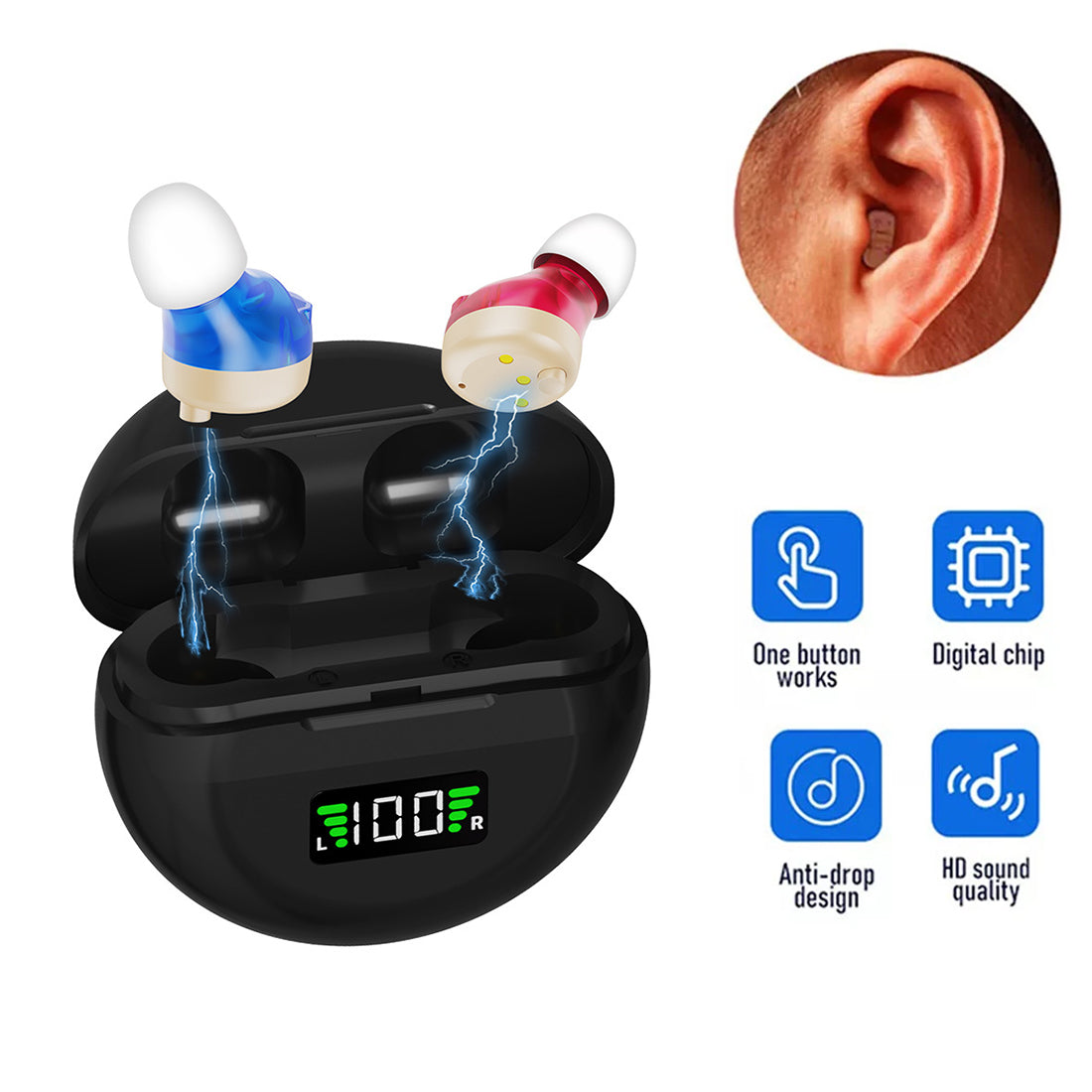 1Aids auditifs numériques rechargeables Pair In-Ear Invisible Sound Voice Amplificateur UK