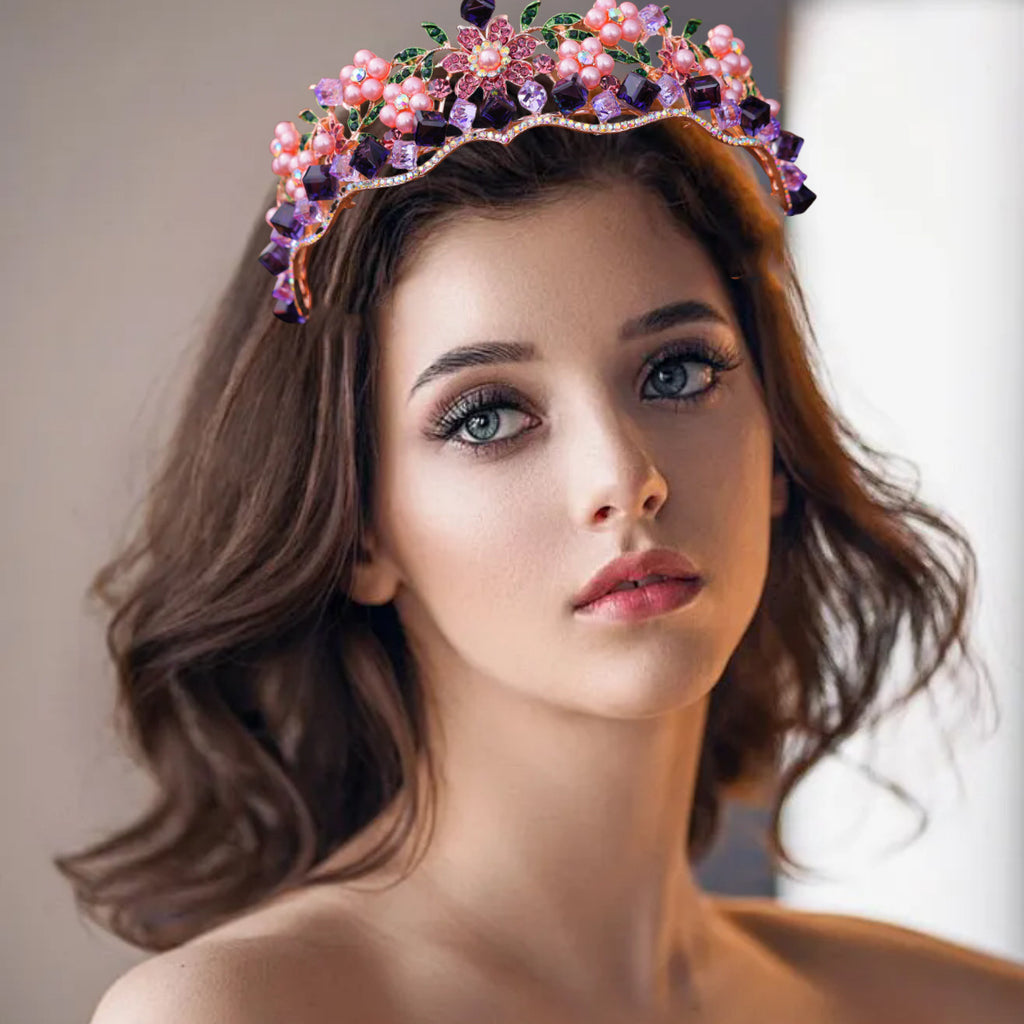 Women Retro Purple Crystal Princess Crown Headdress