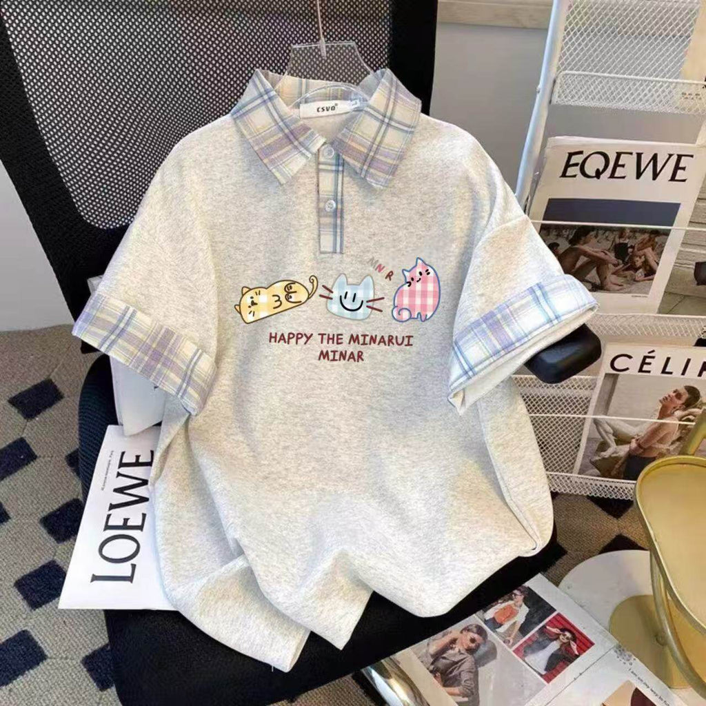 Imprime-lettre mignon à trois chats à manches courtes Plaid Loose-fit Trendy Top style Preppy