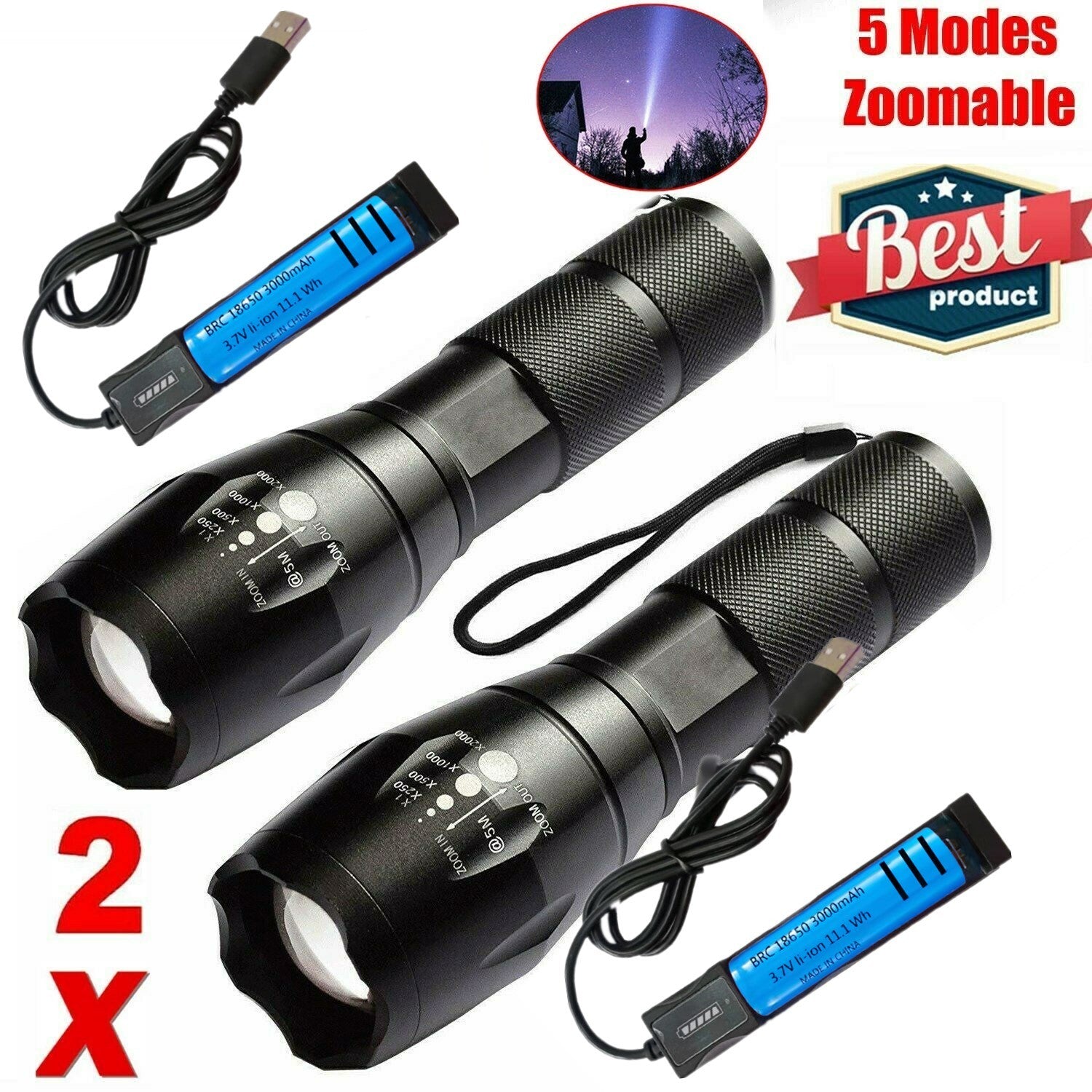 Lampe de poche LED Zoom Torche USB rechargeable Super lumineux lampe de camping lampe de travail