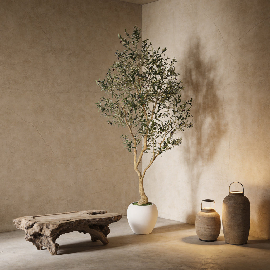 8.2FT Arbre olivier artificiel avec grand pot blanc décoratif