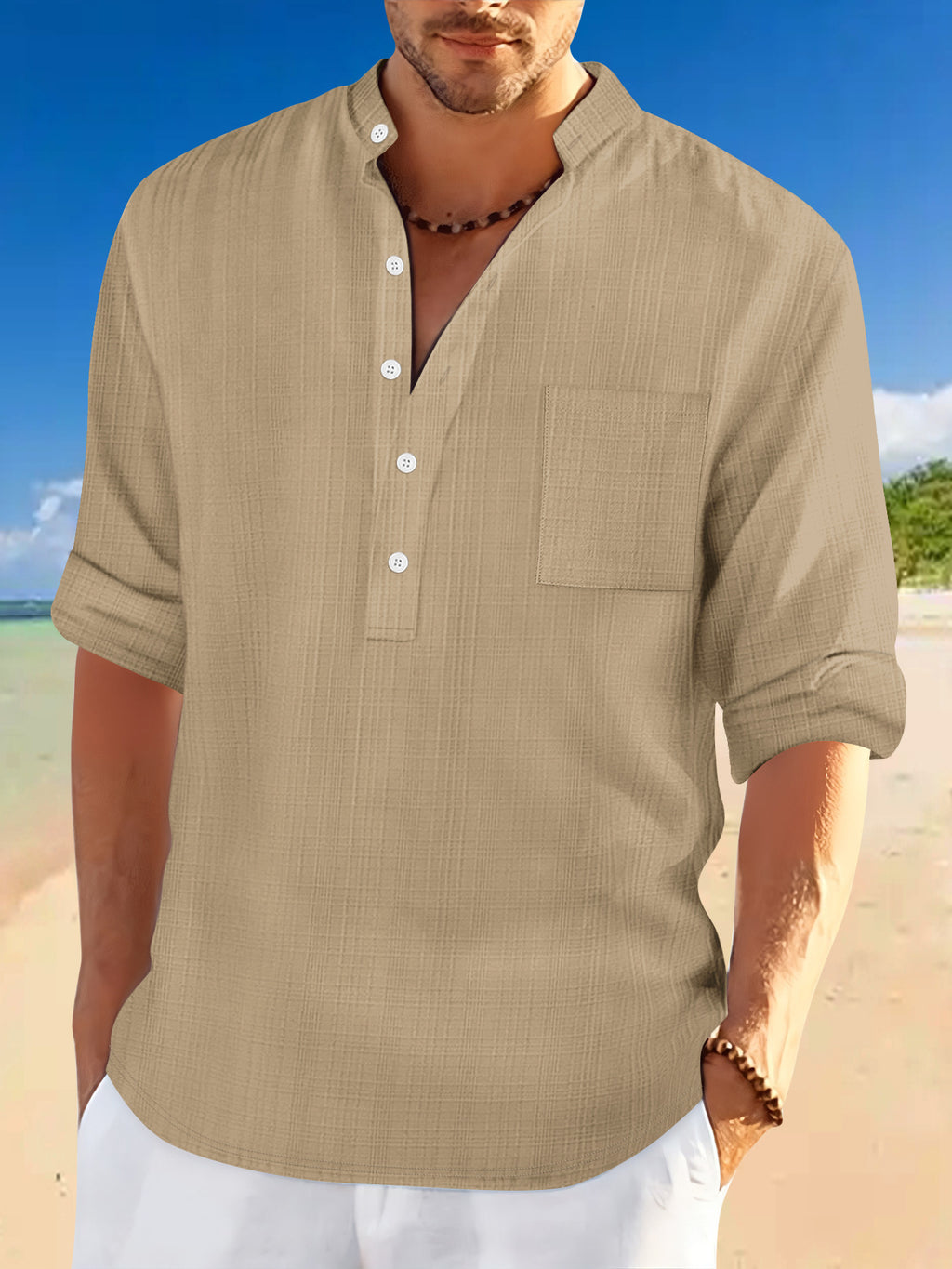 Homme Arrivée Stand-Collar Bamboo-Blend Loose-Fit chemise à manches longues