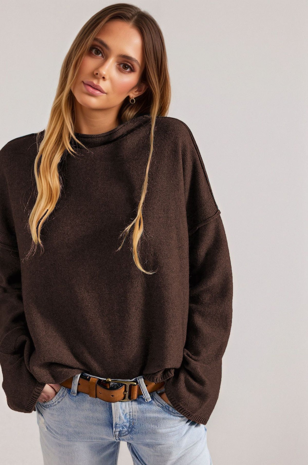 Women's Relaxed Long Sleeve Knit Pullover Sweater with Side Slits