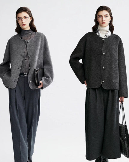 Manteau de laine à col d'équipage court en cachemire