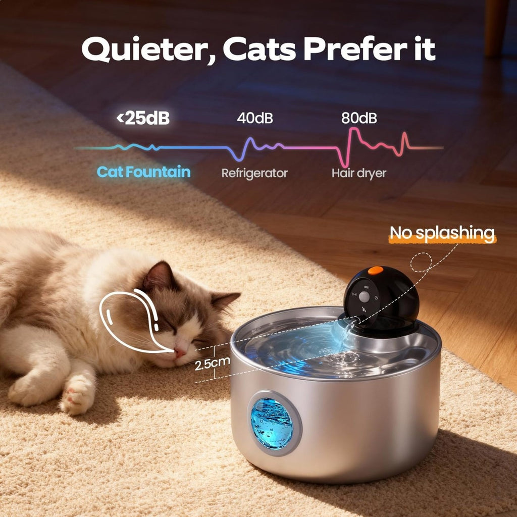 Fontaine d'eau de chat sans fil en acier inoxydable de grande capacité