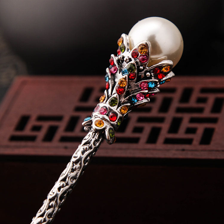Vintage bronze hair pin with Rhinestones and Pearls