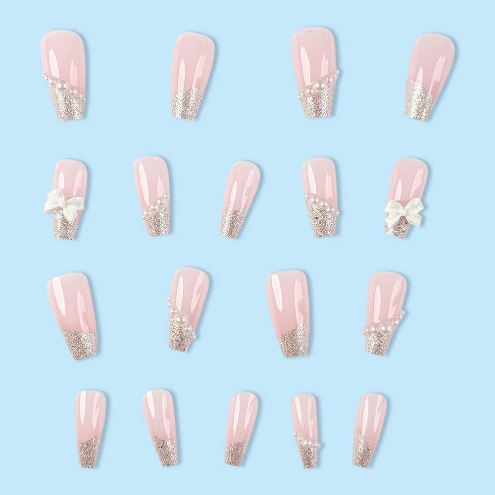 24 pièces de long style en forme de cercueil rose Gradient ongles artificiels avec Y2K argent brillant
