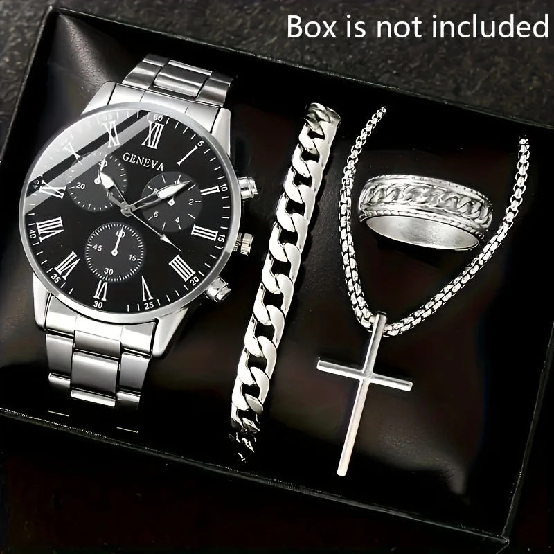 Hommes Quartz bracelet de collier de montre et bague 4 pièces