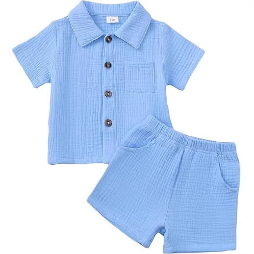 Bébé garçon coton-liné de couleur solide tissu texturé Collier à manches courtes supérieur élastique Wa