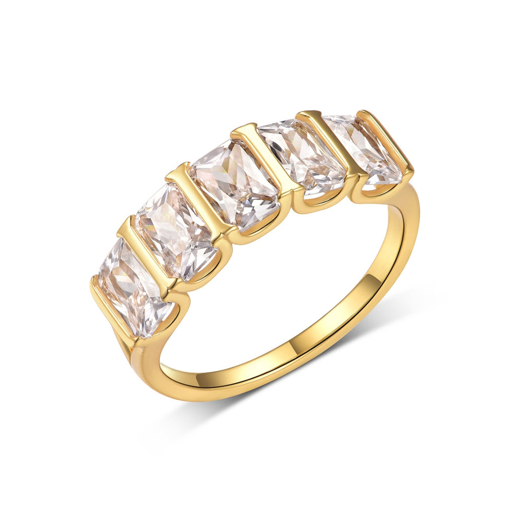 S925 Argent Or plaqué 5-Stone 4x6mm Coupe émeraude Moissanite Anneau d'éternité D Couleur VVS1 US