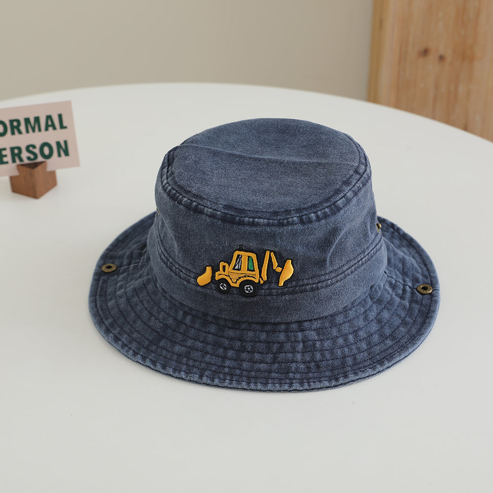 Chapeau à franges pour mini-excavateur brodé de dessin animé pour enfants avec corde et bord réglable