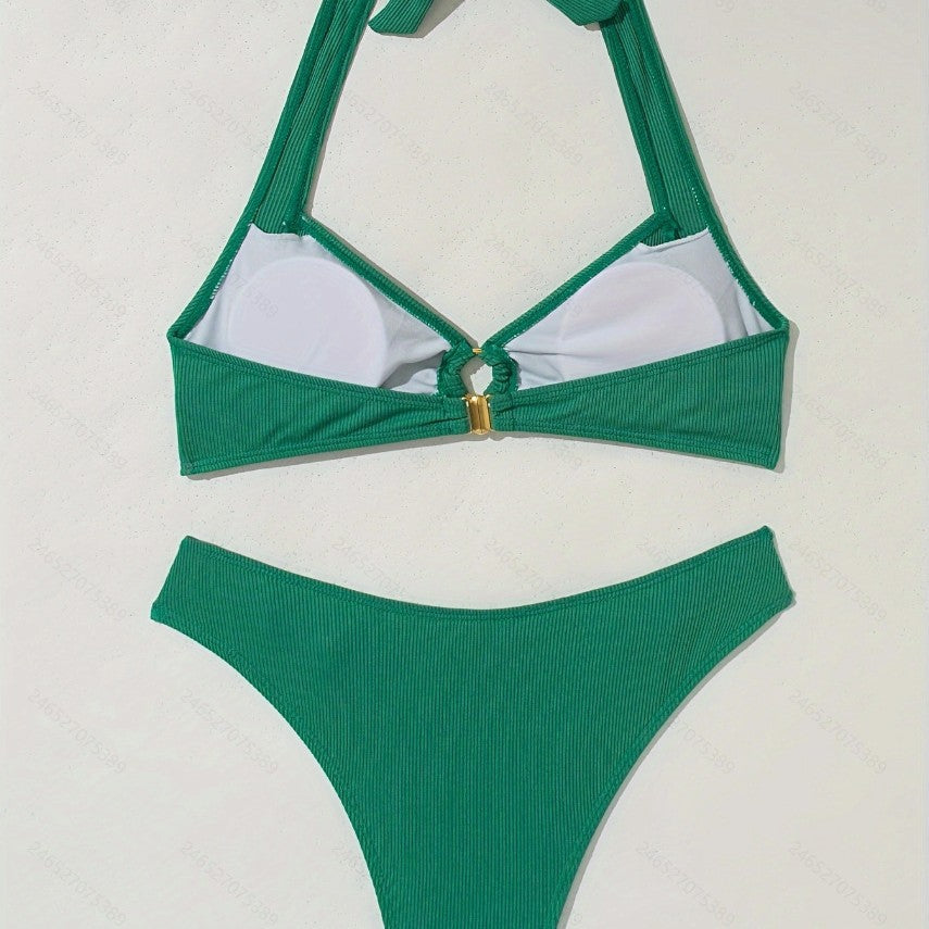 Crossover de couleur contrastante Halter Top et Bikini Shorts