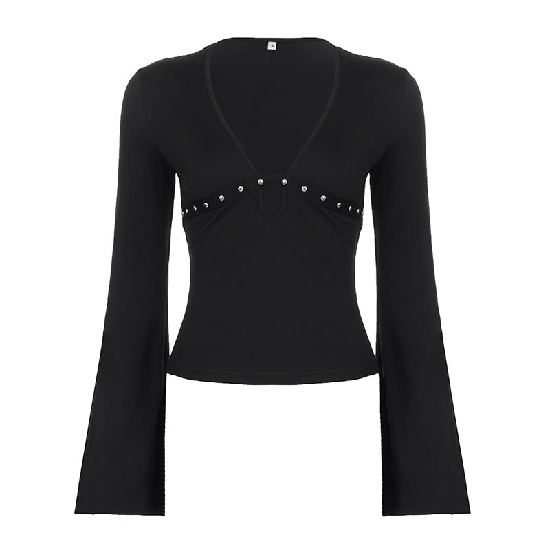 Dark Punk-style Deep V-neck Hollowed-out Studded Slim-fit Long-sleeved