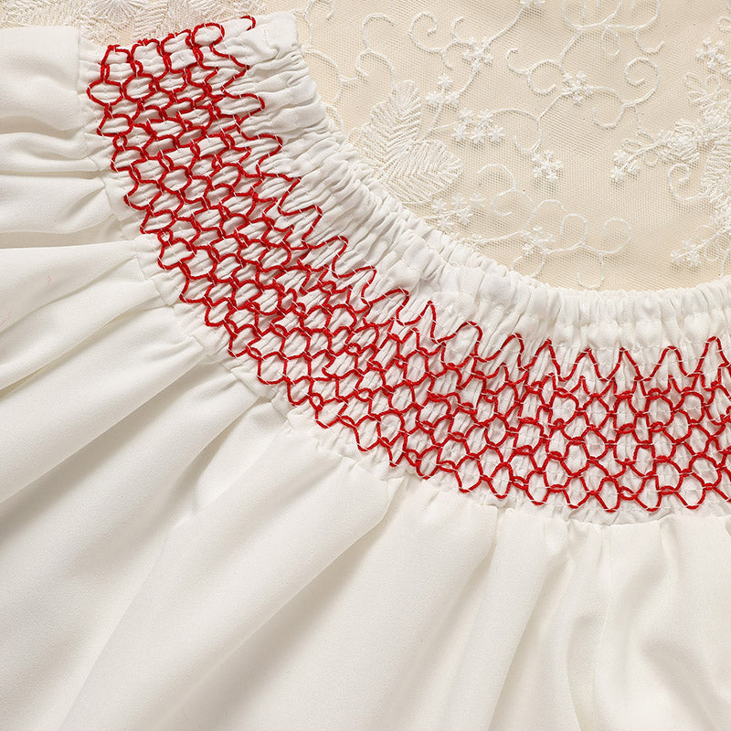 Bébé bébé fille Valentine robe de jour Dentelle courte manches rond Col blanc avec broderie rouge