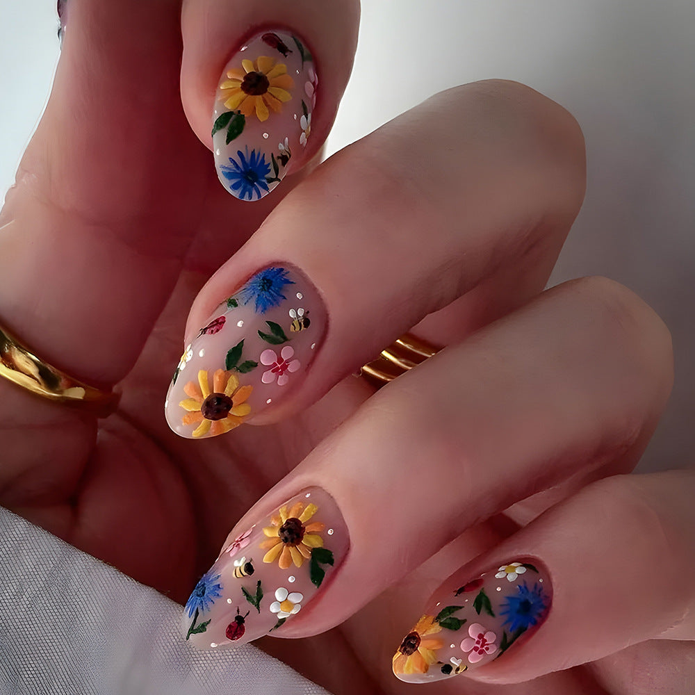 Stickers 24 pièces de ongles acryliques en forme d'amande courte avec fleurs jaunes A