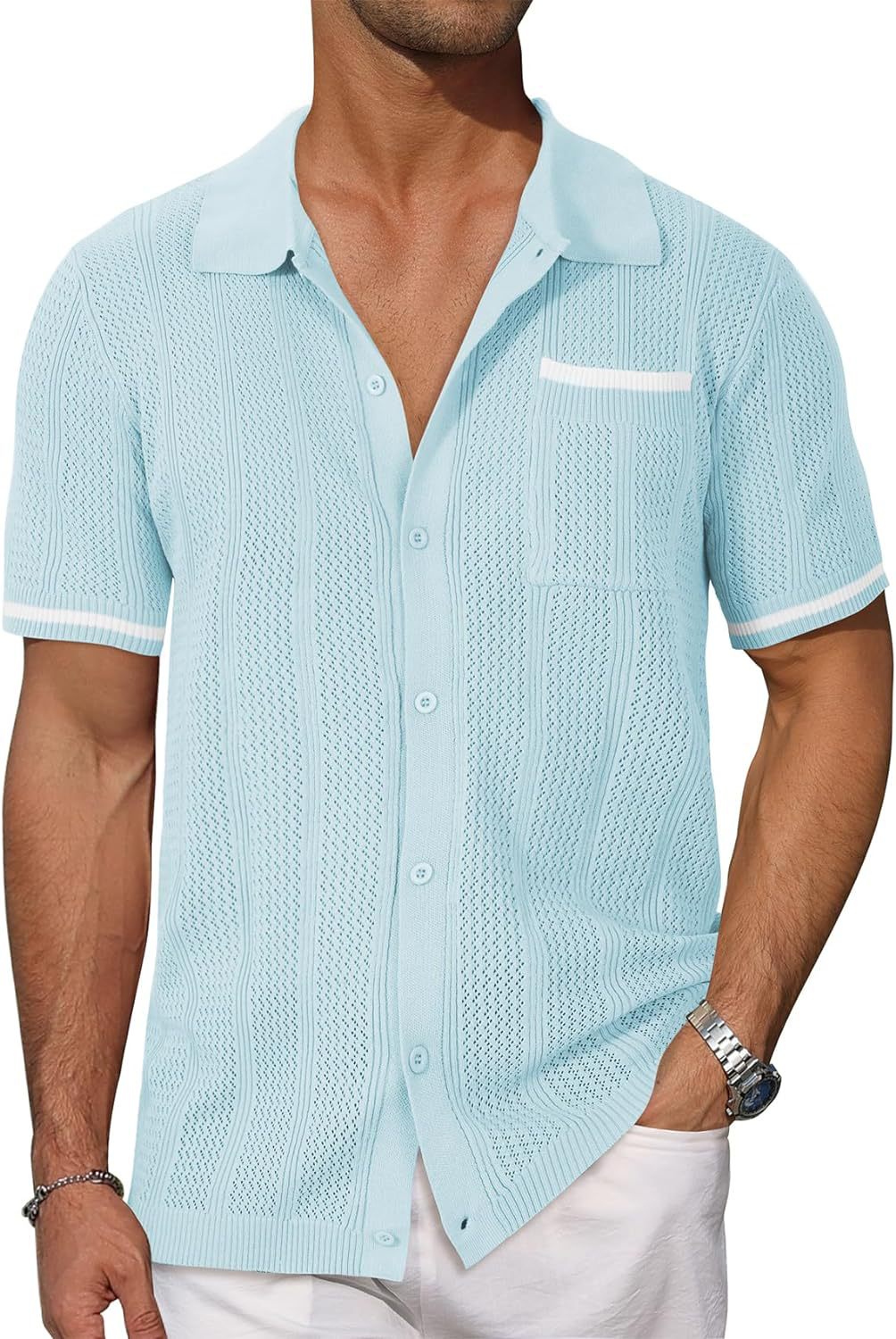 Chemise à manches courtes Poche Hollow Respirant Cool Summer Veste Casual Homme Cardigan