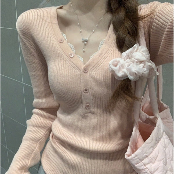 Début Automne Style coréen Élégant col V Boutonné Slim-fit Long-Sleeve Top
