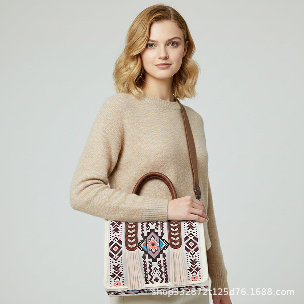 Bohemian Ethnic-Style Tassel Statement Toile Large-Capacity Crossbody Bag