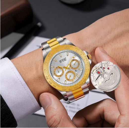 Progressive gold steel watch
