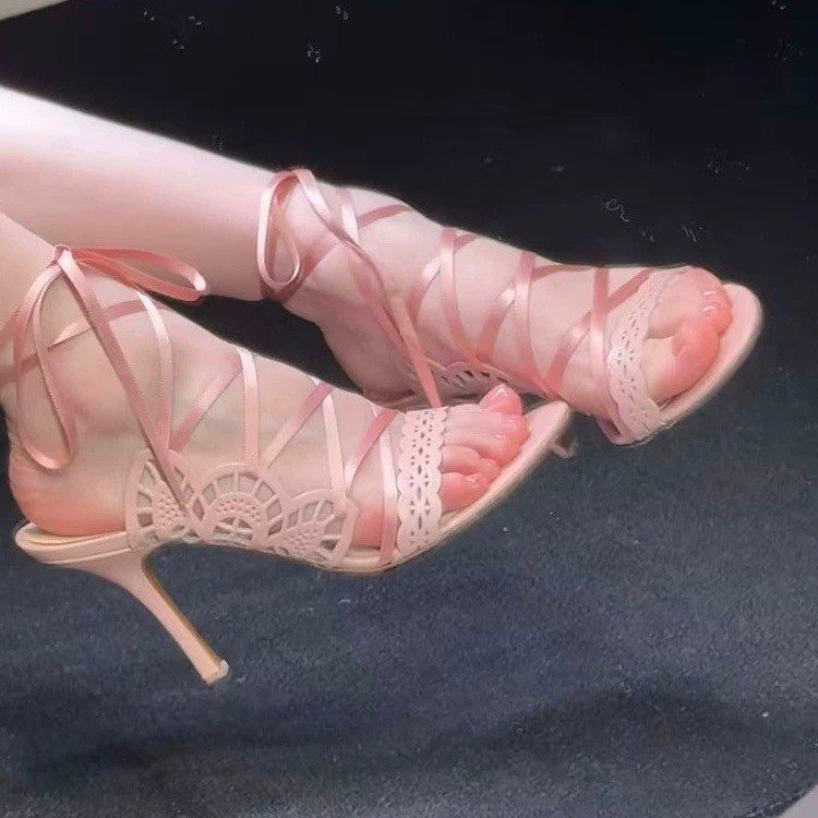 Style de fée vintage femme Crisscross Bracelet talons hauts Stiletto français Hollow Out Imprimer A