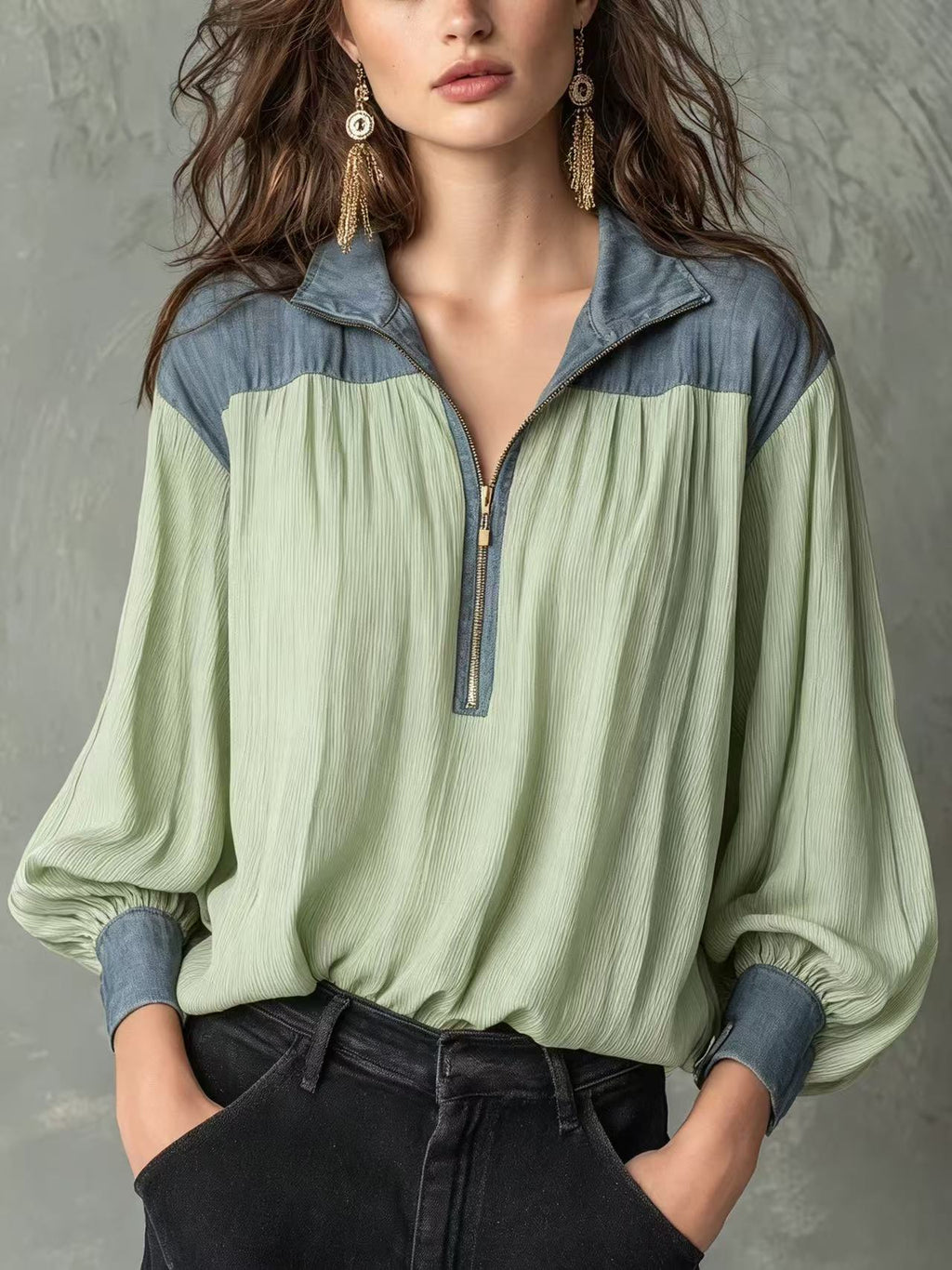 Chemise casual femme à manches longues avec une fermeture éclair et manches de puff