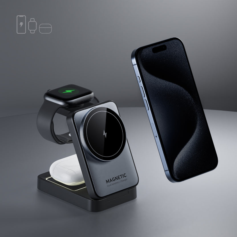 Pliage magnétique 3-en-un sans fil Chargeur rapide 15W Bracket multifonction