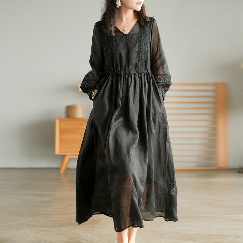 Confortable et modeable Simple à sept manches Style artistique Robe en dentelle Long Col V F