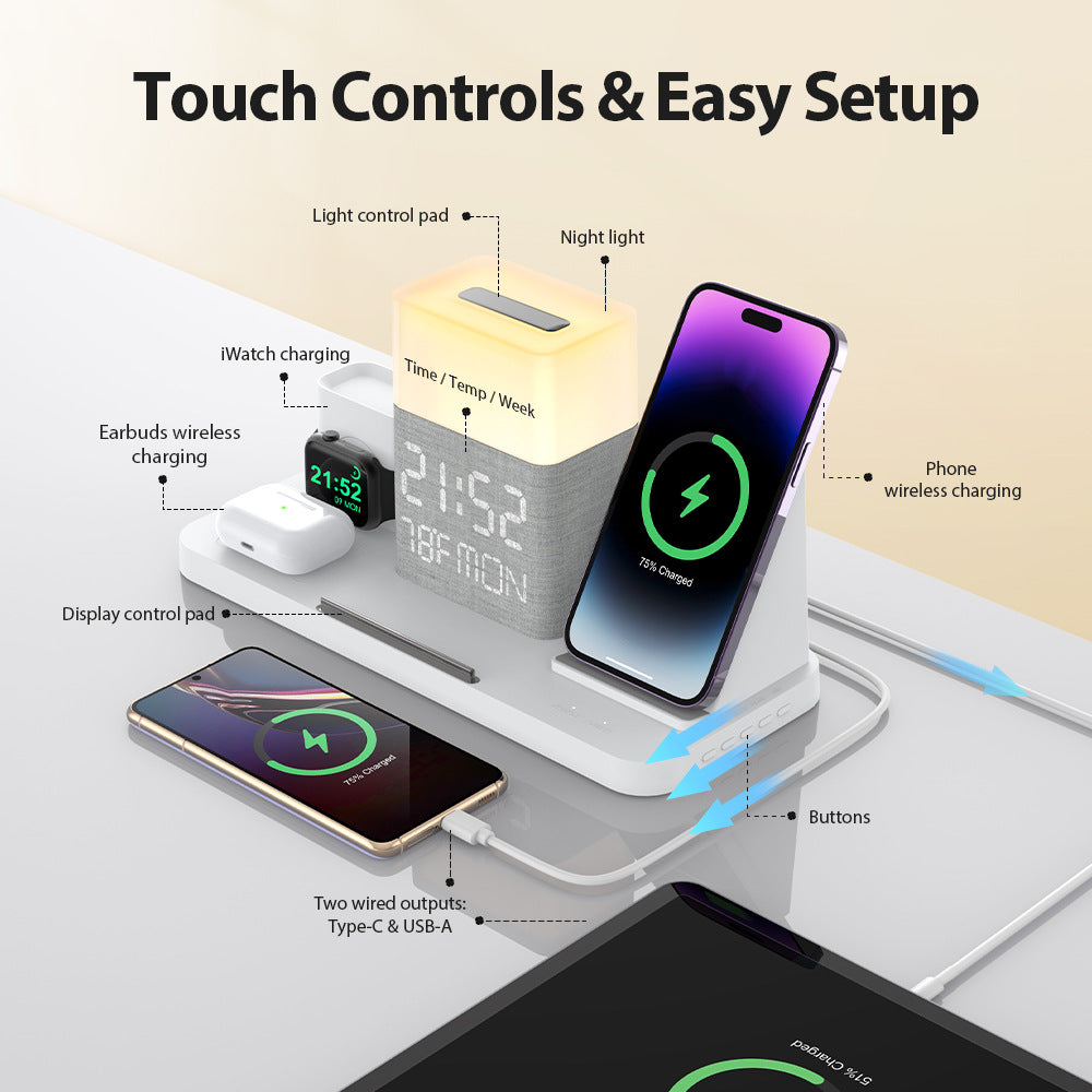 6-en-1 Ensemble de recharge sans fil Touch Night Light Téléphone mobile Bluetooth temps de synchronisation