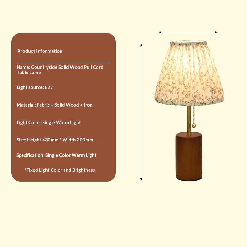 Lampe de table rétro à cordon en bois massif de style pastoral