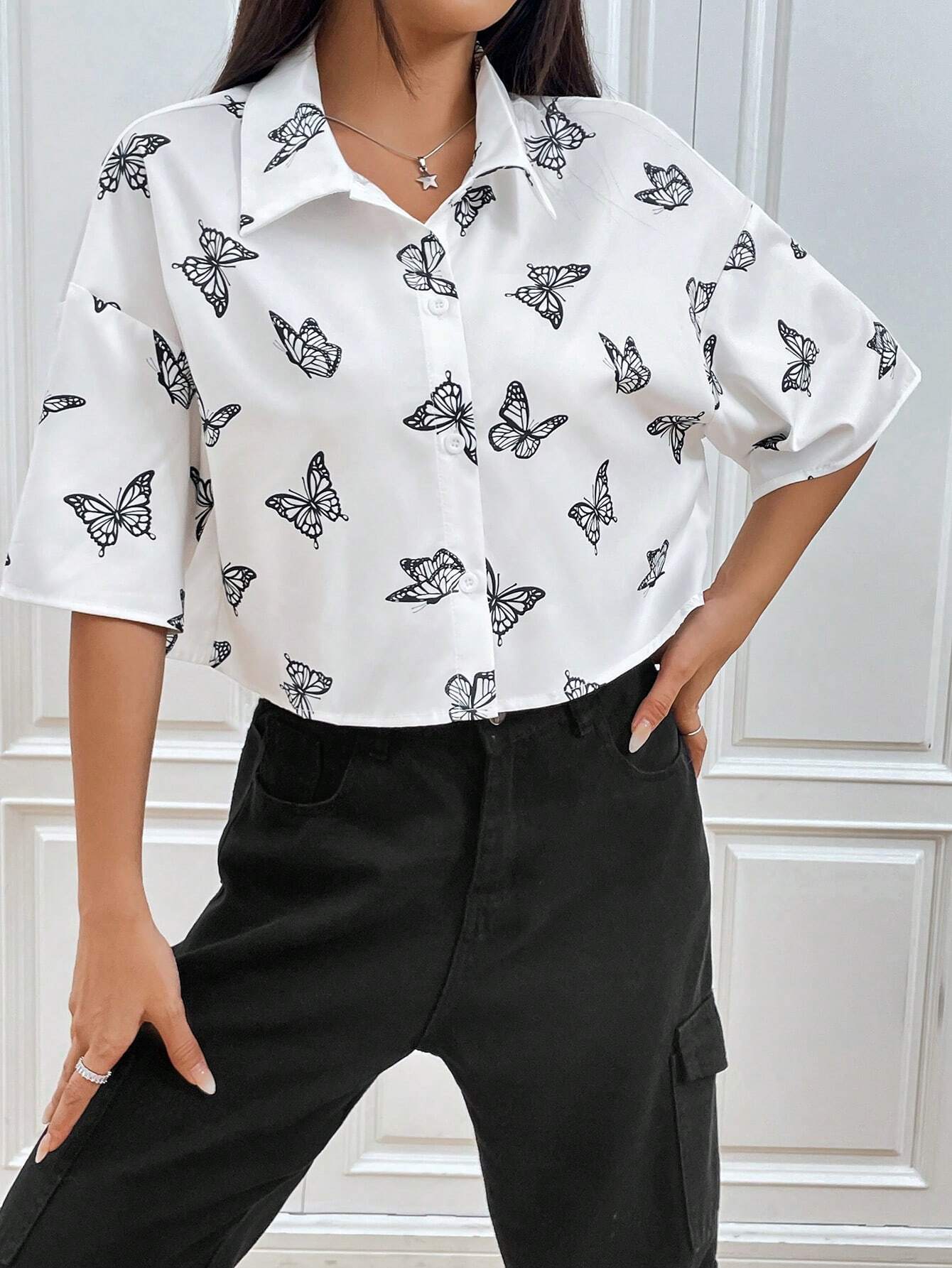Vêtements pour femmes Amazon TEMU Mode Imprimé Niche à manches courtes Imprimé Butterfly Shirt W