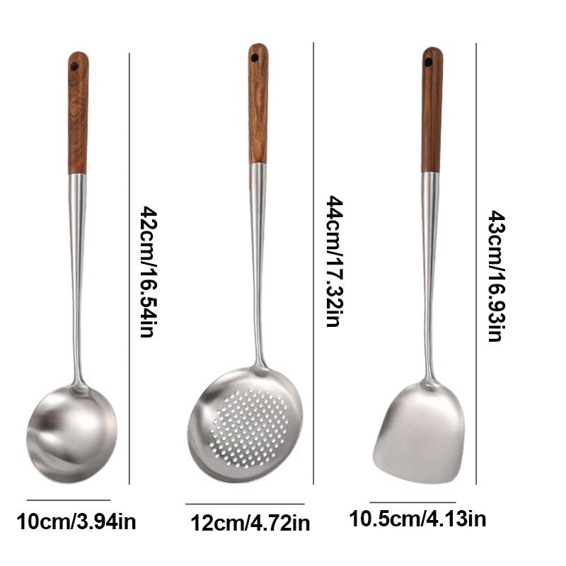 3PCS Wok Spatule & Louche Skimmer Louche Outil 17pouces en acier inoxydable Wok Spatule
