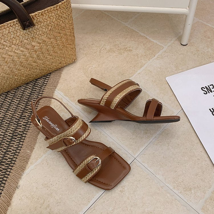 Les femmes d'été Woven French Retro Open Toe Wedge Sandales