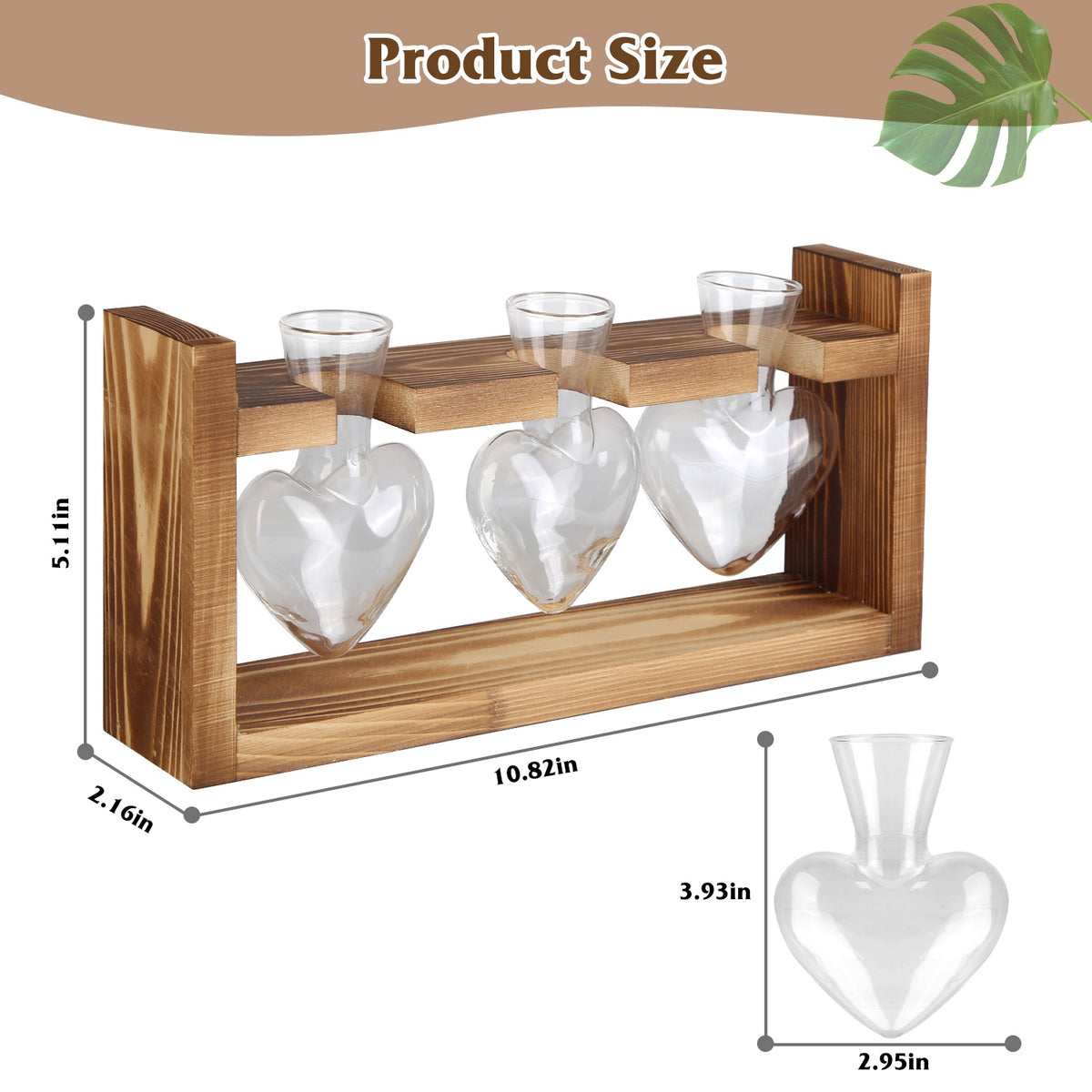 1Pc Station de propagation du terrarium avec 3 vases en forme de coeur Support en bois Bureau Air